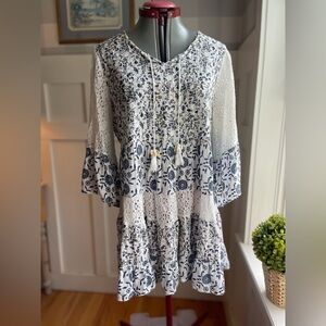Chic Bohemian Lace Dress in Blue and White Size Small